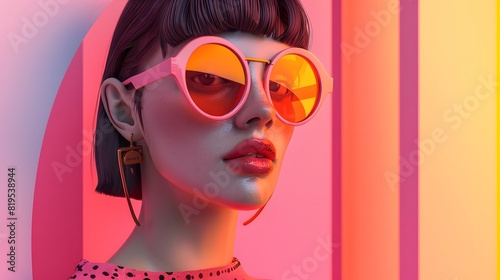 Isometric 3D render of a fashion model wearing trendy sunglasses, with the product name and price displayed in stylish typography, set against a vibrant summer backdrop