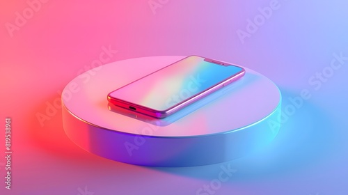 Isometric 3D render of a sleek smartphone on a modern podium with a colorful gradient background, featuring a bold call-to-action button for purchasing