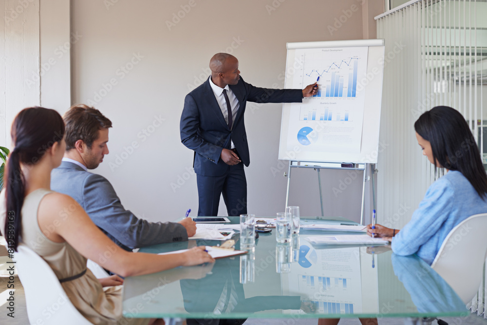Obraz premium Business, people and statistics presentation for discussion, company and financial progress and budget review. Meeting, collaboration and analyst with report document, sale or revenue projections
