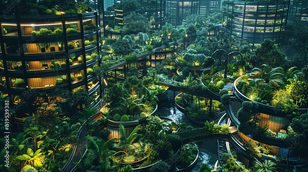An overview of a smart botanical garden where plant health is managed by sensors and AI, top view, emphasizing ecotechnology, with a scifi tone using colored pastel