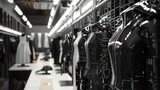 An automated fashion design studio where algorithms predict trends and produce garments, front view, showcasing the fusion of fashion and AI, with a digital tone in black and white
