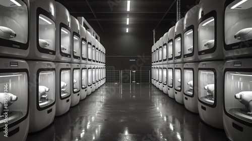 An automated pet care facility where robots feed and exercise animals, front view, showcasing innovations in pet technology, with a digital tone in black and white