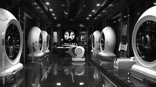 An automated pet grooming salon where robots provide care for various animals, front view, showcasing pet care automation, with a digital tone in black and white
