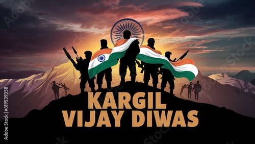 Kargil Vijay Diwas, Kargil victory day, indian army silhouette, holding flag photo