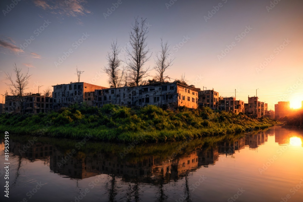 city buildings reflection in lake river pond water during sunset. wide angle view from park field. cityscape under clouds and sky.