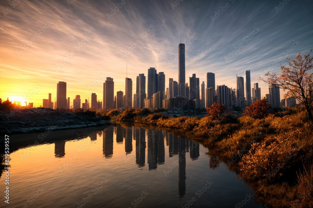 city buildings reflection in lake river pond water during sunset. wide angle view from park field. cityscape under clouds and sky.