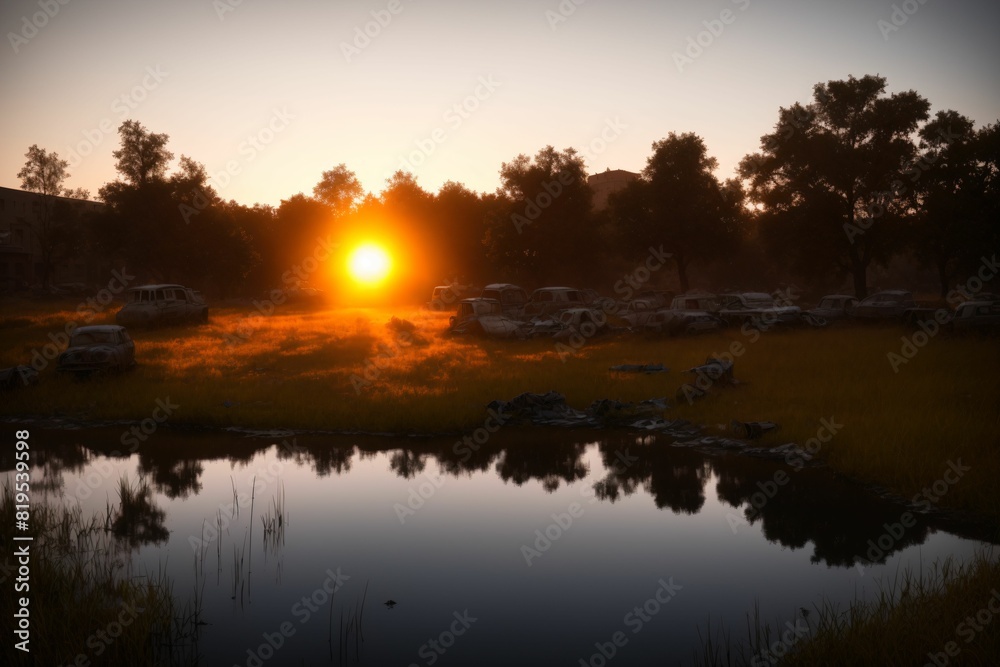 city buildings reflection in lake river pond water during sunset. wide angle view from park field. cityscape under clouds and sky. city buildings reflection in lake river pond water during sunset. wide angle view from park field. cityscape under clouds and sky.