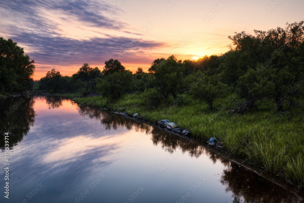 nature park trees and river under sunset in summer. pond lake reflections in field and fog scenery.