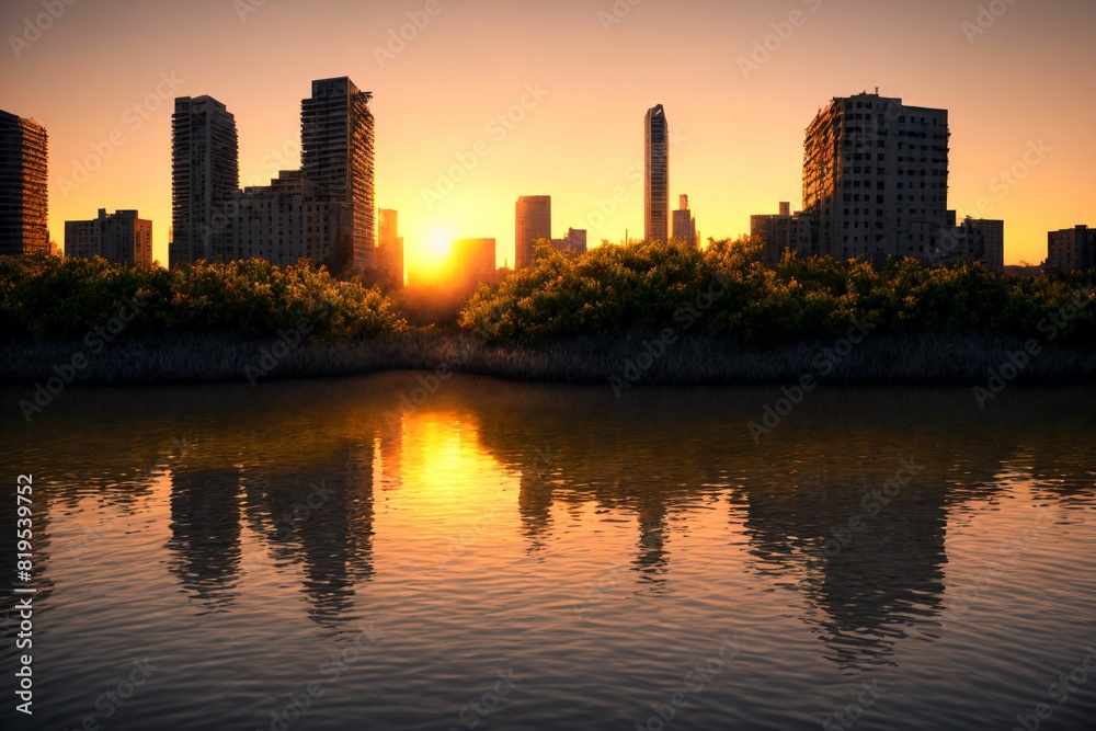 city buildings reflection in lake river pond water during sunset in summer. wide angle view from park field. cityscape under clouds and sky.