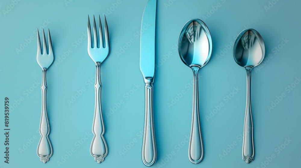 Envision a closeup shot highlighting the intricate details of a flat style set of fork, knife