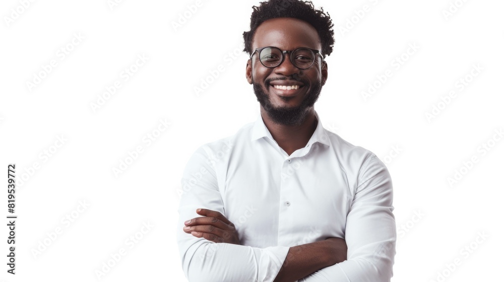 A smiling black man in glasses standing with his arms crossed. Generative AI. A smiling black man in glasses standing with his arms crossed. Generative AI.