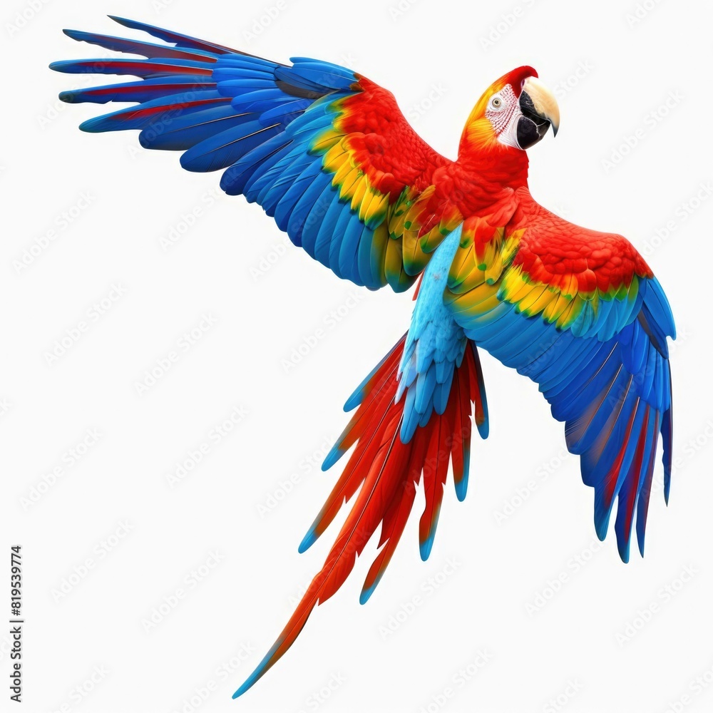 Obraz premium A colorful parrot is flying in the air. Generative AI.