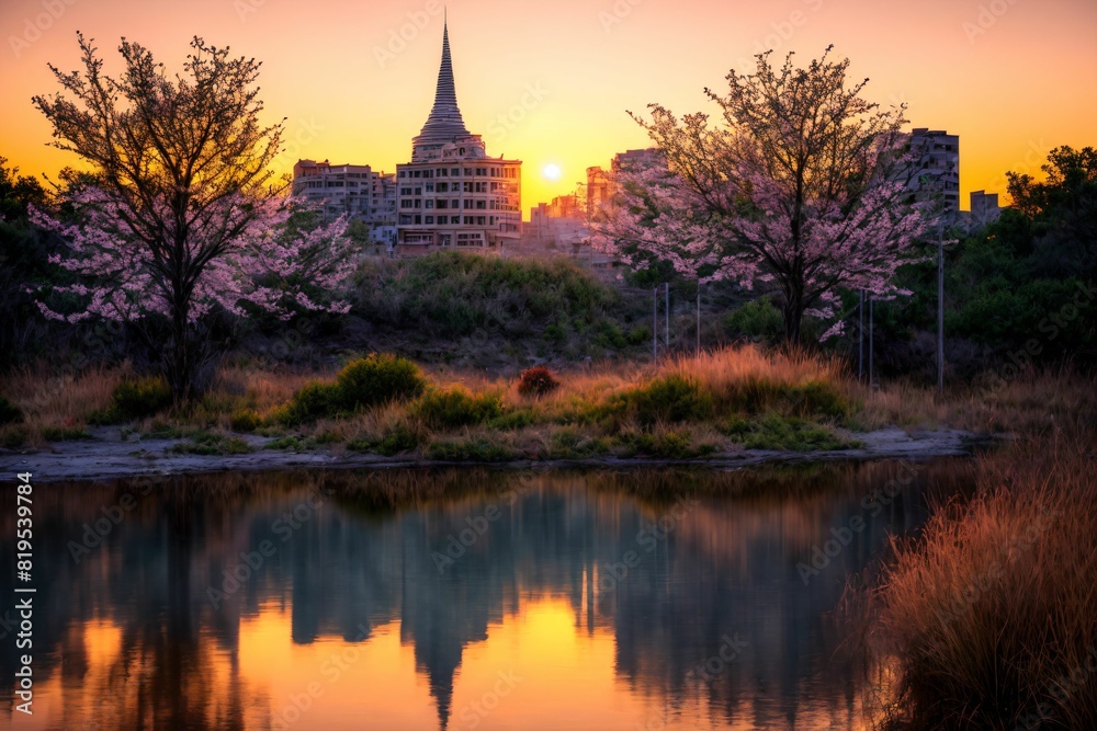 Obraz premium city buildings reflection in lake river pond water during sunset in summer. wide angle view from park field. cityscape under clouds and sky.