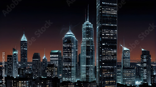 Glossy and artistic neon light effect urban landscapes of modern towering cities and Skyscrapers or Artistic textures and futuristic townscapes ai generative #819539735