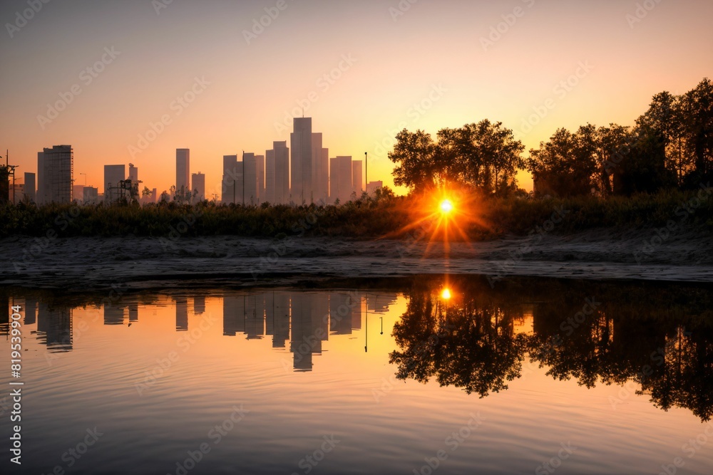 city buildings reflection in lake river pond water during sunset in summer. wide angle view from park field. cityscape under clouds and sky.