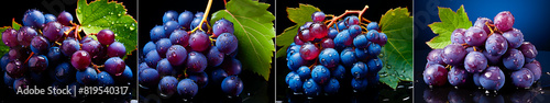 4 photos, Image of a stack of ripe grapes with a leaf on it. Natural and fresh aesthetics. Ideal for wine or food related businesses or events.