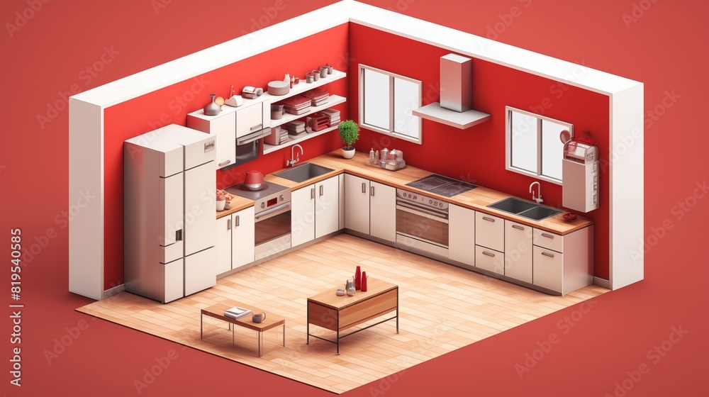 Isometric vector concept kitchen rendering, red walls, sleek white cabinets, and wooden flooring