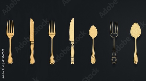 In a sleek, minimalist logotype menu, envision a flat style set of fork, knife, and spoon silhouettes, each detail captured in crisp vector illustration