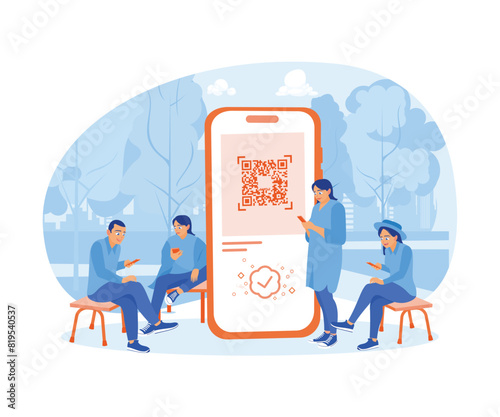 A young man is scanning a QR code on a mobile phone. Do online shopping and pay online. Online Payment concept. Flat vector illustration.