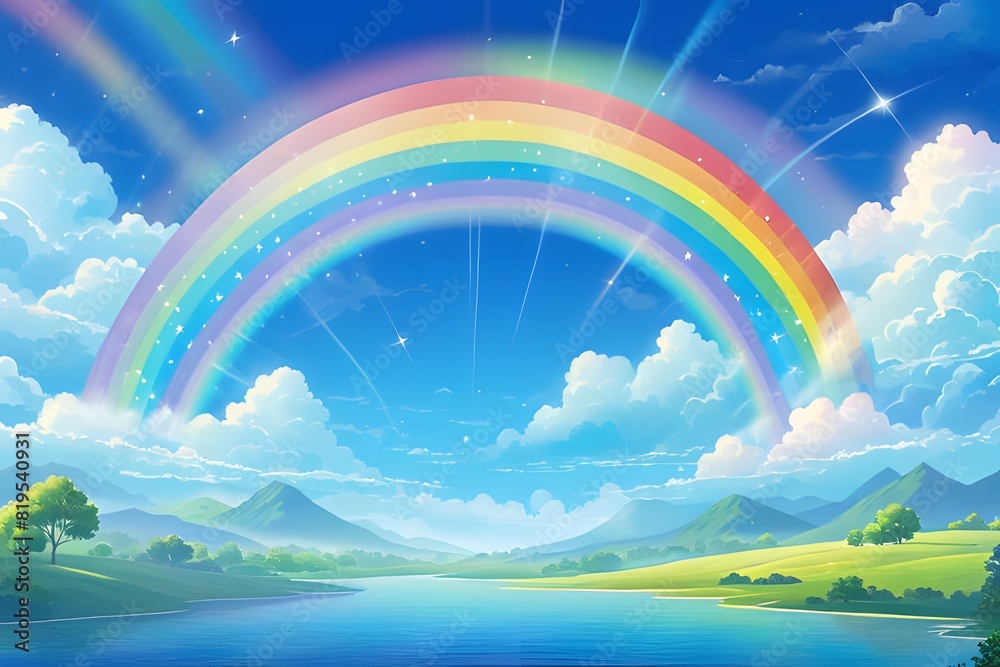 An animated illustration of a beautiful rainbow hanging in the blue sky, ai, generative, 생성형, korea and japan, 青空にかかる美しい虹のアニメ風イラスト An animated illustration of a beautiful rainbow hanging in the blue sky, ai, generative, 생성형, korea and japan, 青空にかかる美しい虹のアニメ風イラスト