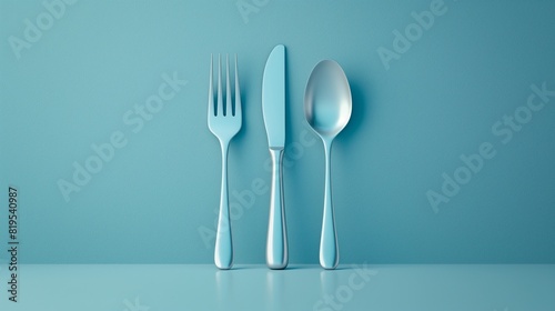 Picture a minimalist composition focusing on the clean lines and smooth curves of a set of fork, knife, and spoon in flat style, depicted with realism in high-definition vector illustration photo