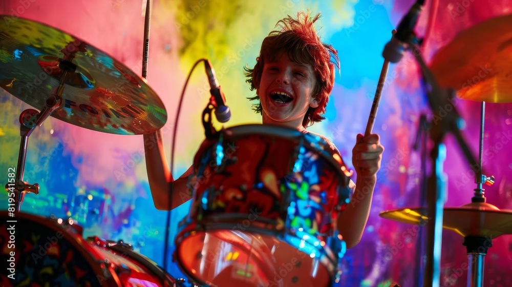 Obraz premium Energetic young drummer performing with enthusiasm against a colorful background, capturing the spirit of music and creativity.