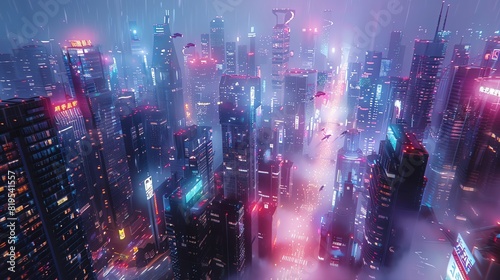 A futuristic cityscape with towering skyscrapers and flying cars  captured from a top view  illustrating a bustling metropolis  with a futuristic tone in vivid colors