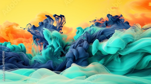 A display of vibrant energy and movement, as a wave of smoke in bold and saturated shades of turquoise and navy blue comes to life against a vivid background of bright yellow and orange. photo