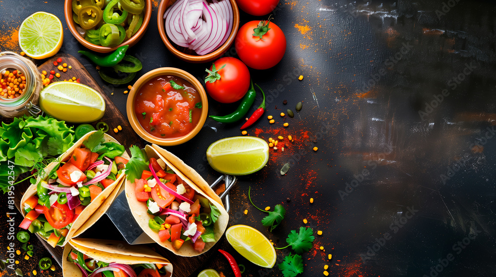Colorful Mexican Tacos with Fresh Ingredients and Salsa. Copy space