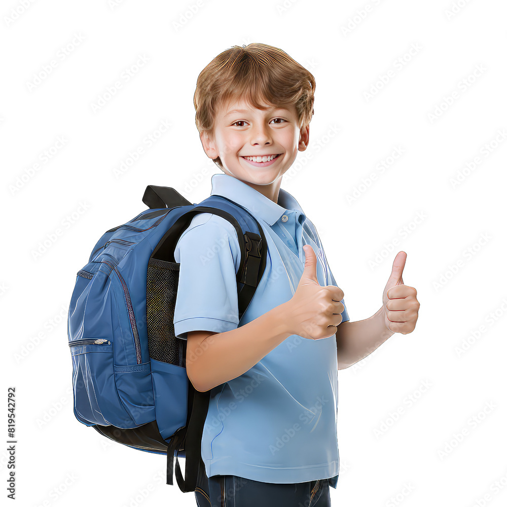 Portrait of a smiling schoolboy with backpack showing thumbs up on transparent background Portrait of a smiling schoolboy with backpack showing thumbs up on transparent background