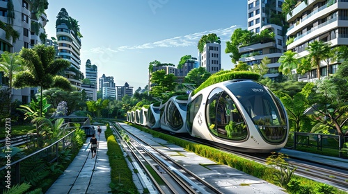 An ecofriendly smart city with green rooftops and autonomous public transport, front view, showcasing sustainable urban development, with an advanced tone in Triadic Color Scheme