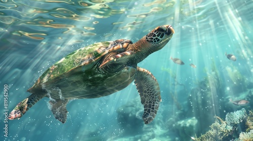 a hyper-realistic illustration of a sea turtle gliding gracefully through sunlit waters. © Ayesha