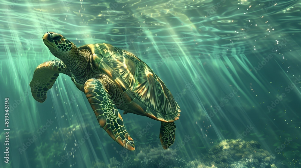 Fototapeta premium a hyper-realistic illustration of a sea turtle gliding gracefully through sunlit waters.
