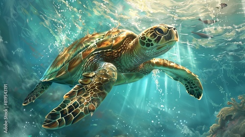 a hyper-realistic illustration of a sea turtle gliding gracefully through sunlit waters.