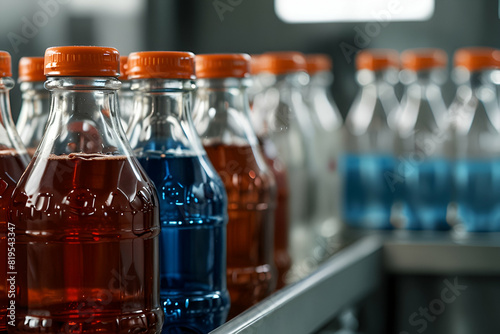 Production of beverages in plastic bottles on clean light factory with industry concept.