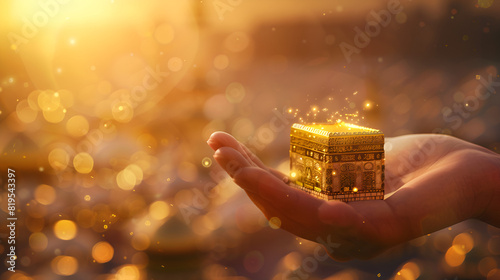 A hand holding a small kabah with glowing lights Muslim Spiritual Hajj Worship with blurred background