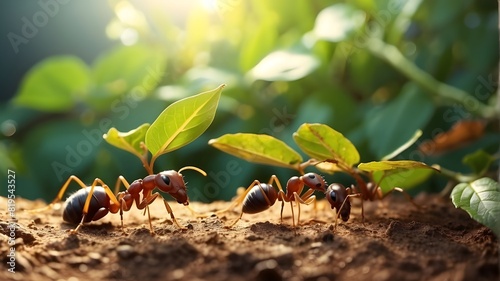 Red wood ant colony squabbling over a green leaf © Jawad
