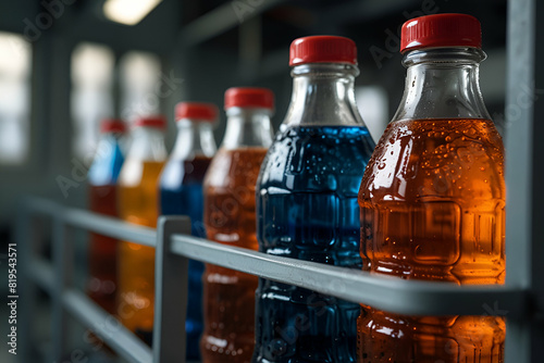 Production of beverages in plastic bottles on clean light factory with industry concept.