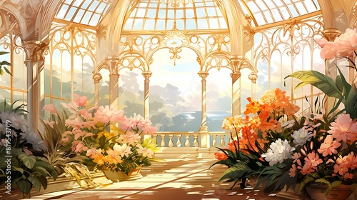 podium with floral engravings, in a sunlit conservatory with exotic plants and flowers, atmosphere of serenity and beauty, Watercolor Painting, soft colors and delicate brushwork
