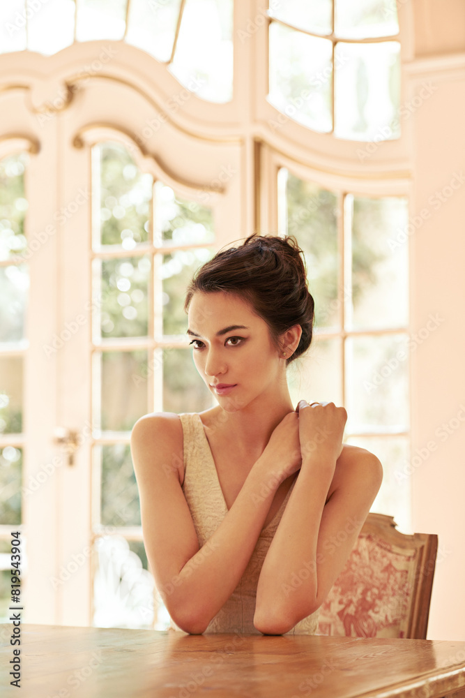 Woman, thinking and person in luxury couch with elegant dress, lounge and gala party. Beauty, aristocratic house or thoughtful for fashion event, makeup and girl waiting for guests or living room Woman, thinking and person in luxury couch with elegant dress, lounge and gala party. Beauty, aristocratic house or thoughtful for fashion event, makeup and girl waiting for guests or living room