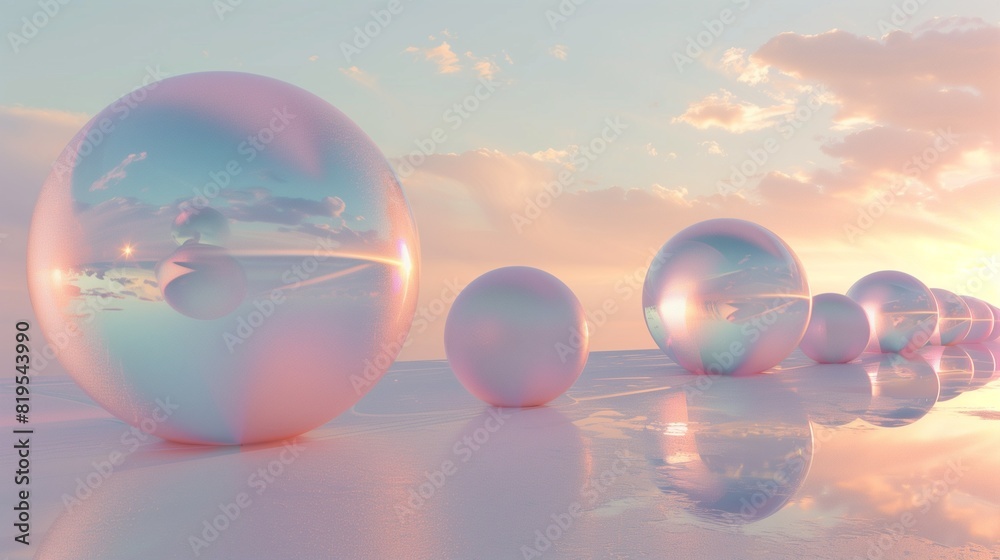 A stoically calm and balanced piece, featuring a carefully arranged sequence of smooth and perfectly finished spheres, rendered in high definition with an emphasis on pastel coloring. A stoically calm and balanced piece, featuring a carefully arranged sequence of smooth and perfectly finished spheres, rendered in high definition with an emphasis on pastel coloring.