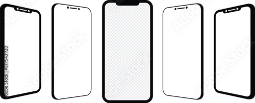 Realistic models smartphone with transparent screens. Smartphone mockup collection. Blank screen on phone different angles views. Vector illustration