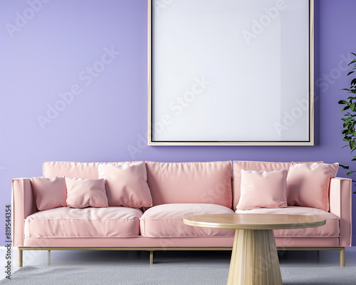 Minimalist living room with one blank frame on a violet wall  soft pink sofa  and contemporary oak table.