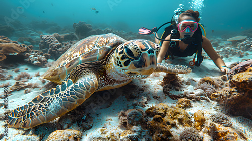 A woman equipped with a diving mask is swimming underwater with a sea turtle in the fluid environment of the ocean © Oleksandra