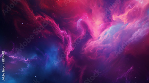 A vibrant cosmic nebula with swirling clouds of magenta, purple, and blue hues, dotted with stars, creating a mesmerizing deep space scene.