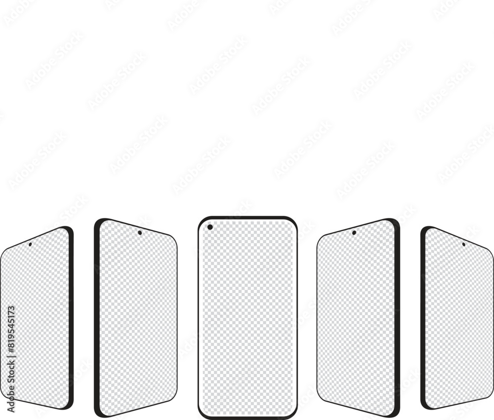Realistic models smartphone with transparent screens. Smartphone mockup collection. Modern smartphone mockup template, featuring a blank display and front and corner views of a smartphone, Realistic models smartphone with transparent screens. Smartphone mockup collection. Modern smartphone mockup template, featuring a blank display and front and corner views of a smartphone,
