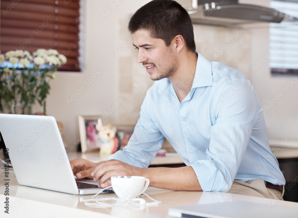 Business man, kitchen and laptop for work from home, online planning and software upgrade on counter. Worker, freelancer or entrepreneur on computer for information technology career and opportunity