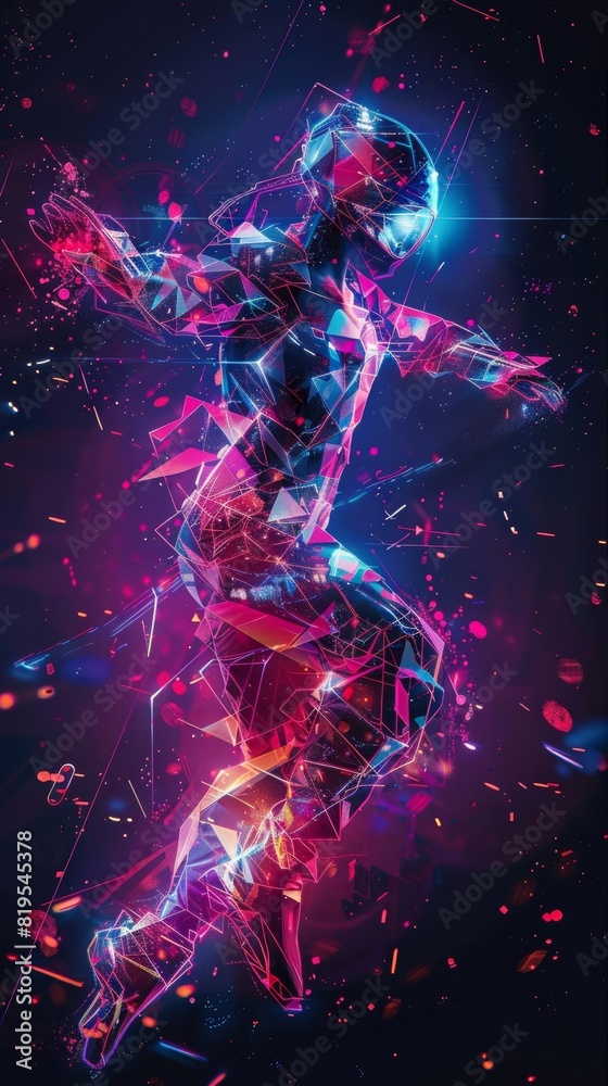Capture the intricate details of a dancers mechanical suit merging with fluid dance movements in a digital art piece blending holographic elements with dynamic lines and geometric
