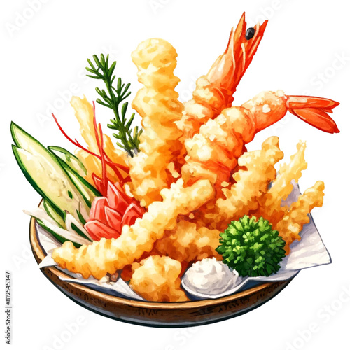 Popular Japanese menu Tempura watercolor clipart ,AI Generated.