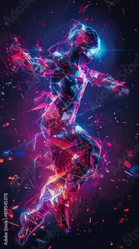 Capture the intricate details of a dancers mechanical suit merging with fluid dance movements in a digital art piece blending holographic elements with dynamic lines and geometric
